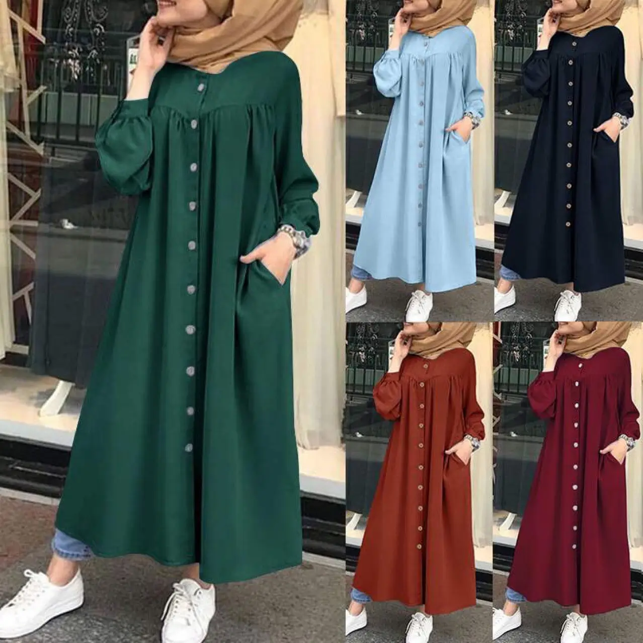Green Long Sleeve Muslim Women's Robe Dress with Pocket - Image 6