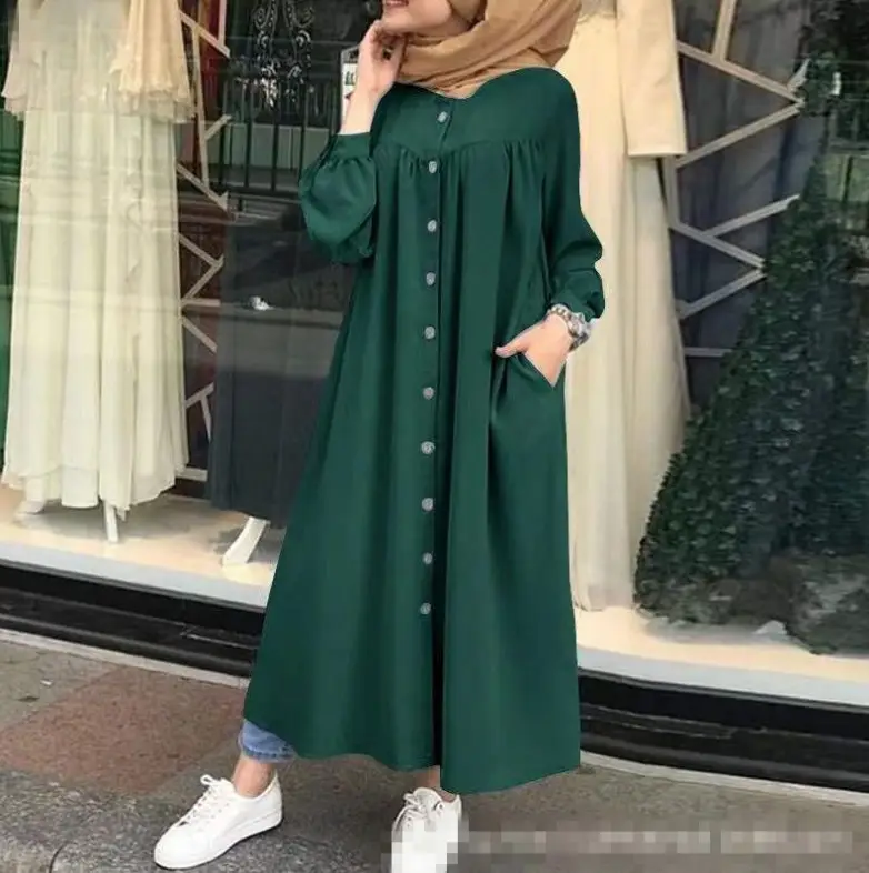 Green Long Sleeve Muslim Women's Robe Dress with Pocket - Image 7