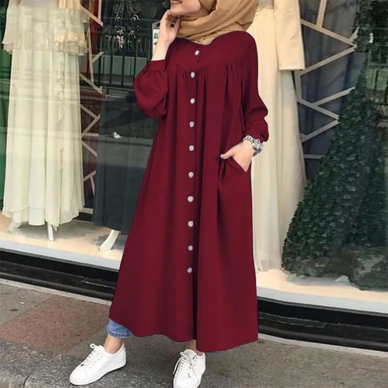 Green Long Sleeve Muslim Women's Robe Dress with Pocket - Image 9
