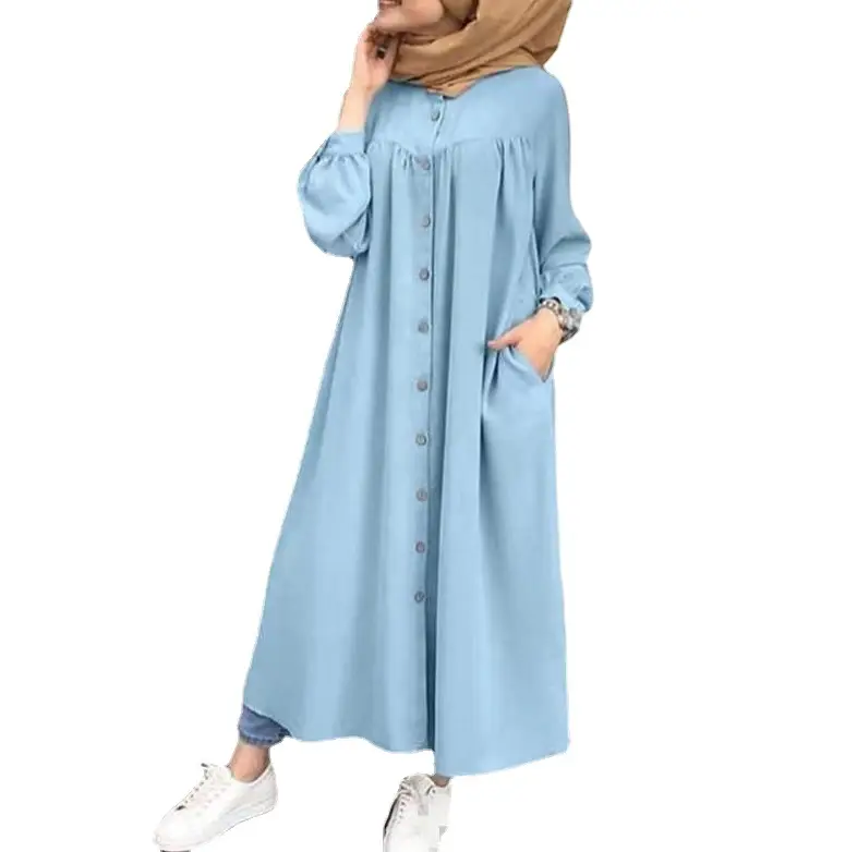 Green Long Sleeve Muslim Women's Robe Dress with Pocket - Image 10