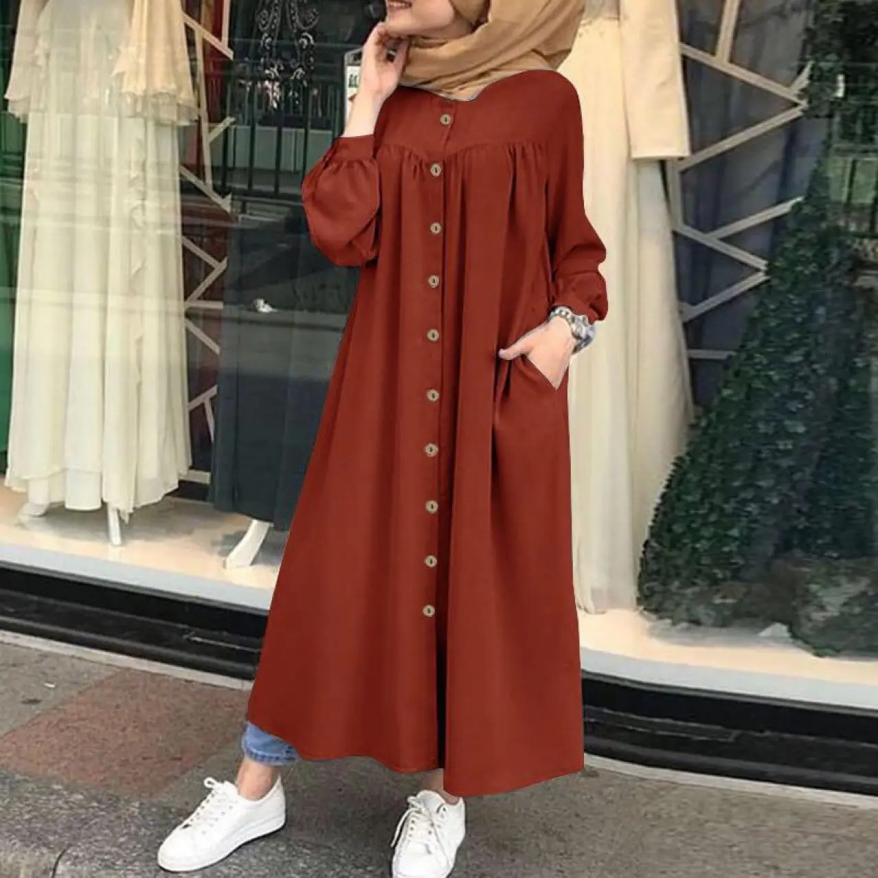 Green Long Sleeve Muslim Women's Robe Dress with Pocket — feature 4