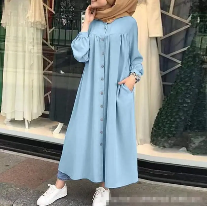 Green Long Sleeve Muslim Women's Robe Dress with Pocket — feature 6