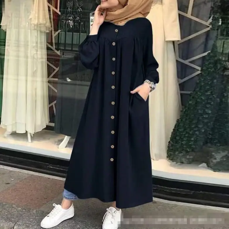 Green Long Sleeve Muslim Women's Robe Dress with Pocket - Image 2