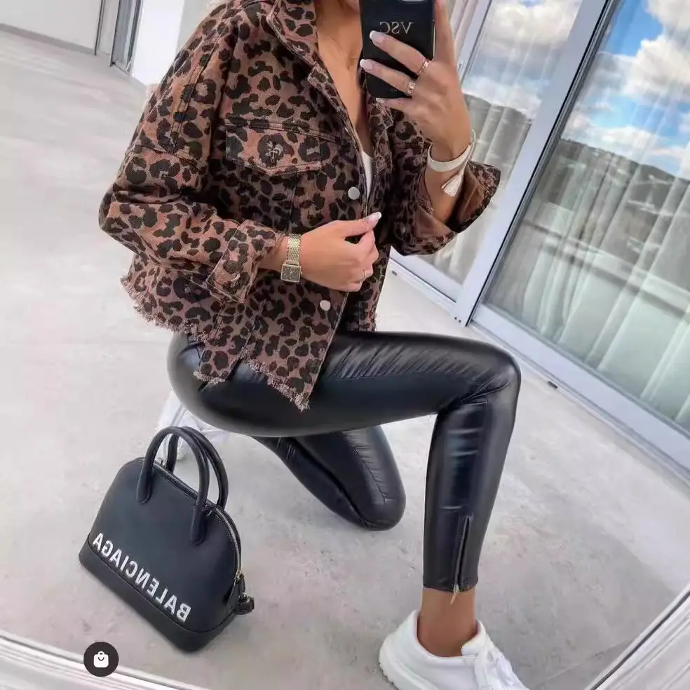 Leopard Print Long Sleeve Denim Jacket Top - Image 3