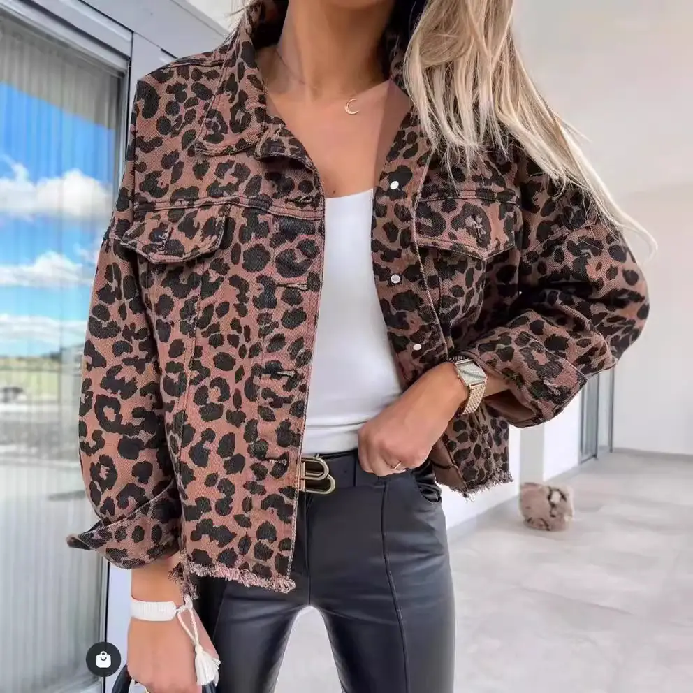 Leopard Print Long Sleeve Denim Jacket Top - Image 5