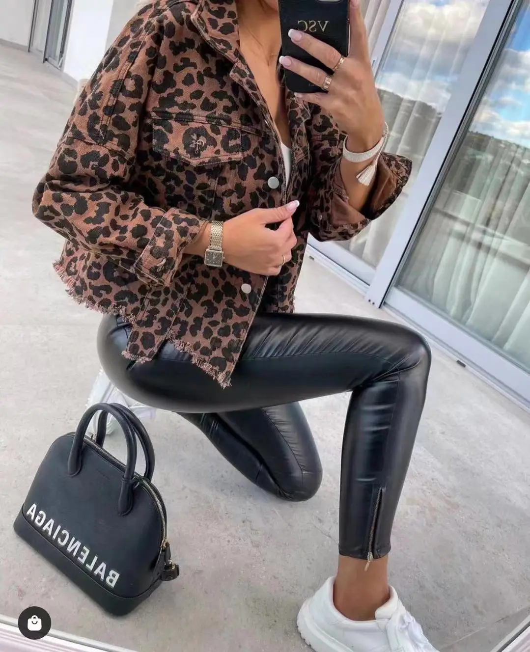 Leopard Print Long Sleeve Denim Jacket Top — feature 4
