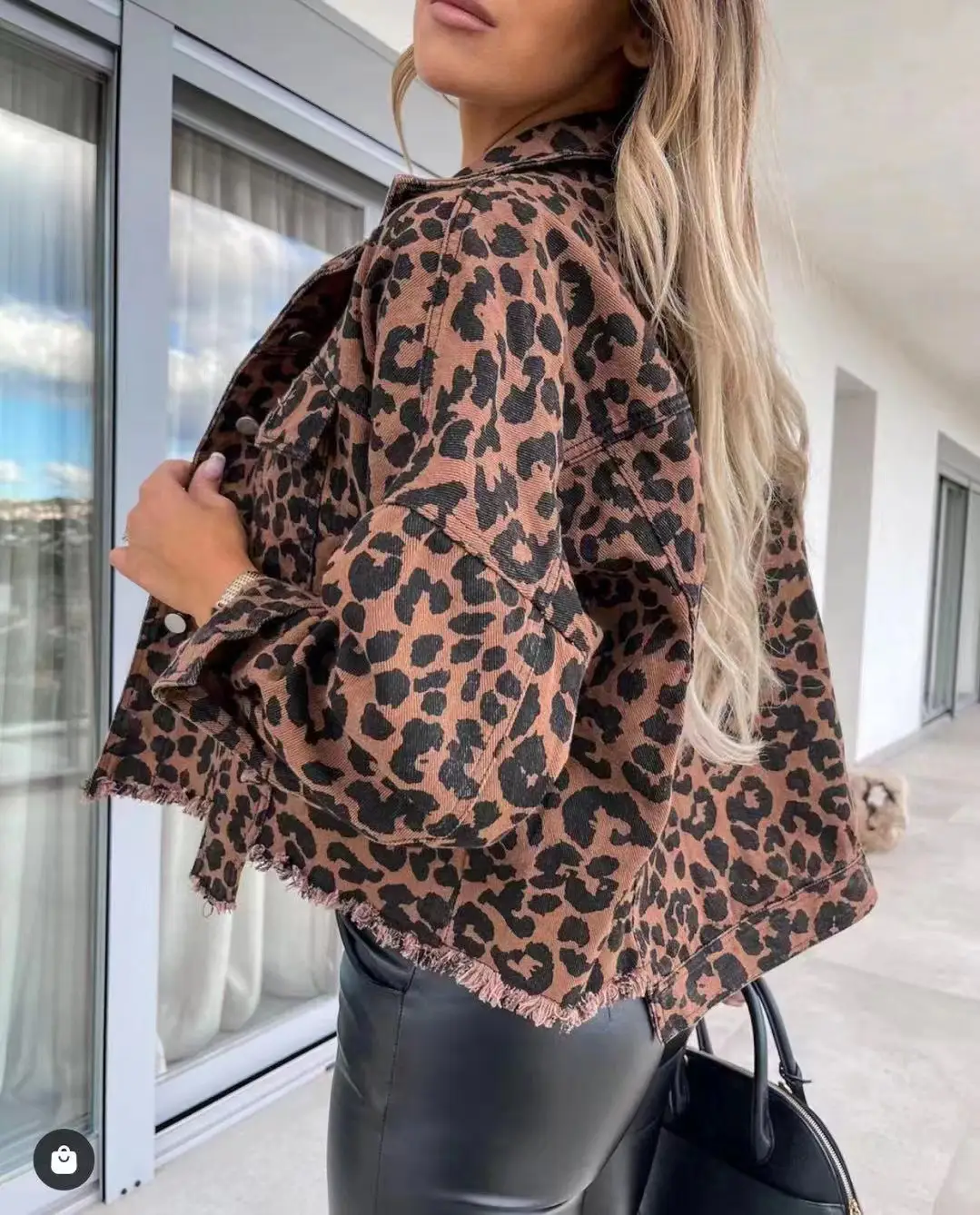 Leopard Print Long Sleeve Denim Jacket Top — feature 5