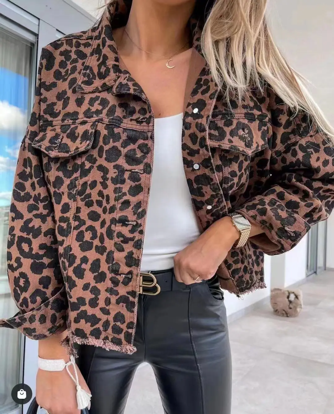 Leopard Print Long Sleeve Denim Jacket Top — feature 6