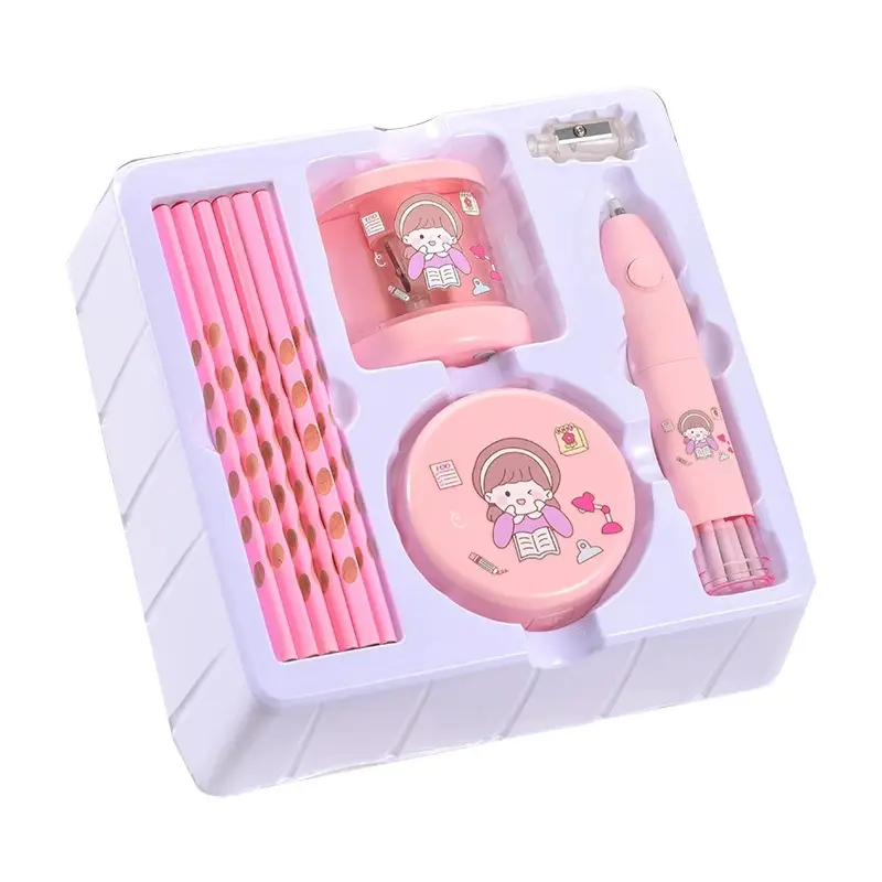 High-value electric stationery suit children's day daily necessities gift box pencil sharpener eraser set of 14 wholesale