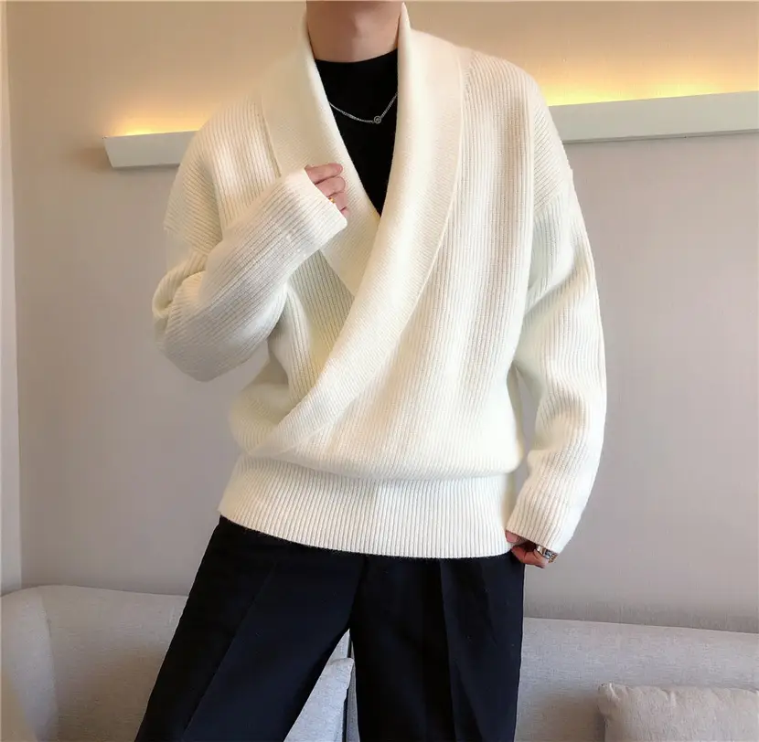 Men V-Neck Knitted Sweater Jacket Large Beige - Image 9