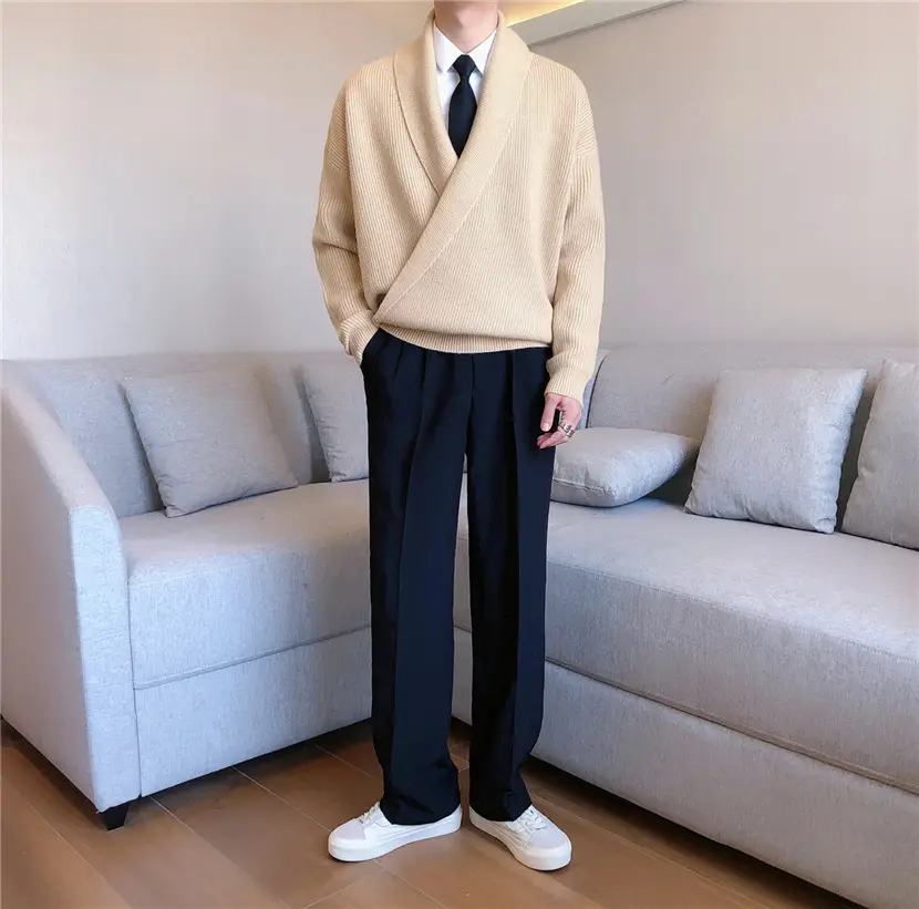 Men V-Neck Knitted Sweater Jacket Large Beige - Image 10