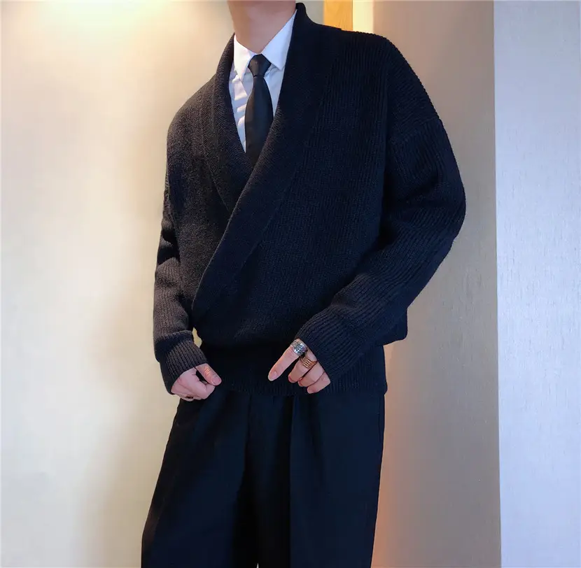 Men V-Neck Knitted Sweater Jacket Large Beige - Image 11