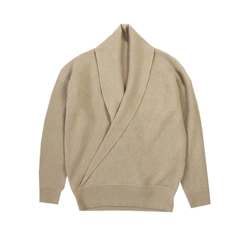 Men V-Neck Knitted Sweater Jacket Large Beige - Image 12