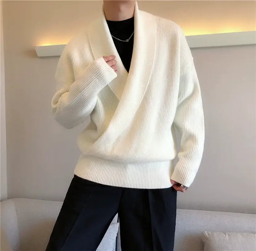 Men V-Neck Knitted Sweater Jacket Large Beige — feature 11