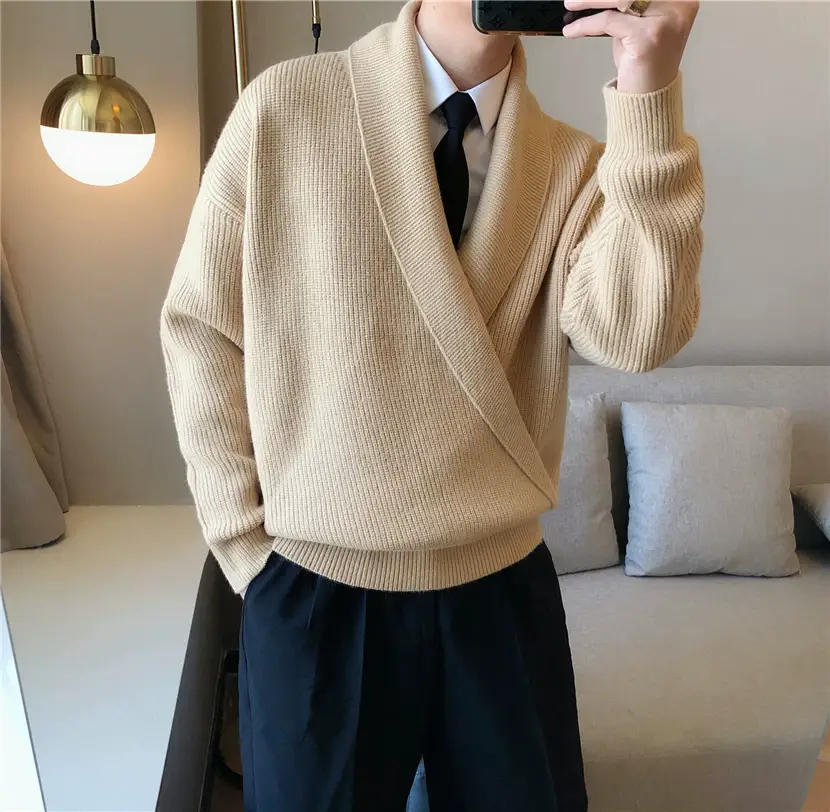 Men V-Neck Knitted Sweater Jacket Large Beige — feature 13