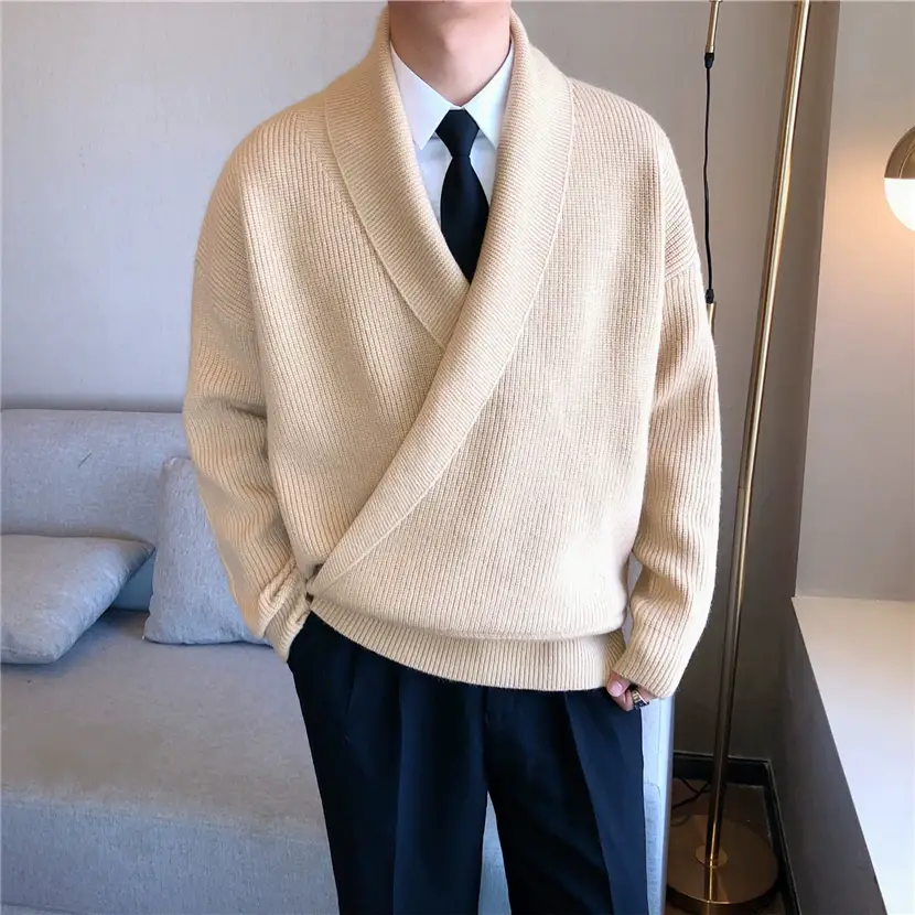 Men V-Neck Knitted Sweater Jacket Large Beige — feature 15