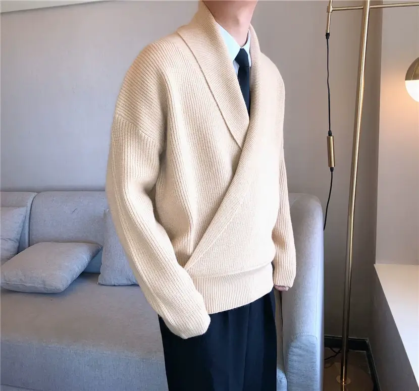 Men V-Neck Knitted Sweater Jacket Large Beige — feature 17