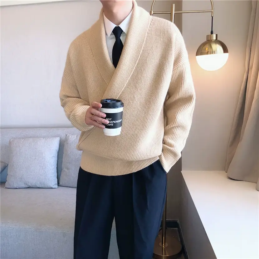Men V-Neck Knitted Sweater Jacket Large Beige — feature 19