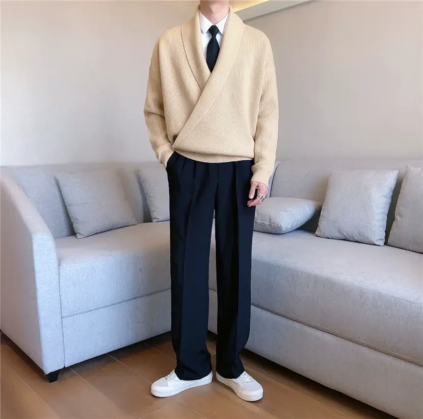 Men V-Neck Knitted Sweater Jacket Large Beige — feature 21