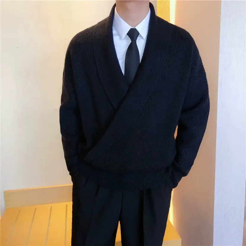 Men V-Neck Knitted Sweater Jacket Large Beige — feature 23