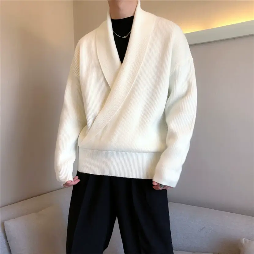 Men V-Neck Knitted Sweater Jacket Large Beige — feature 3