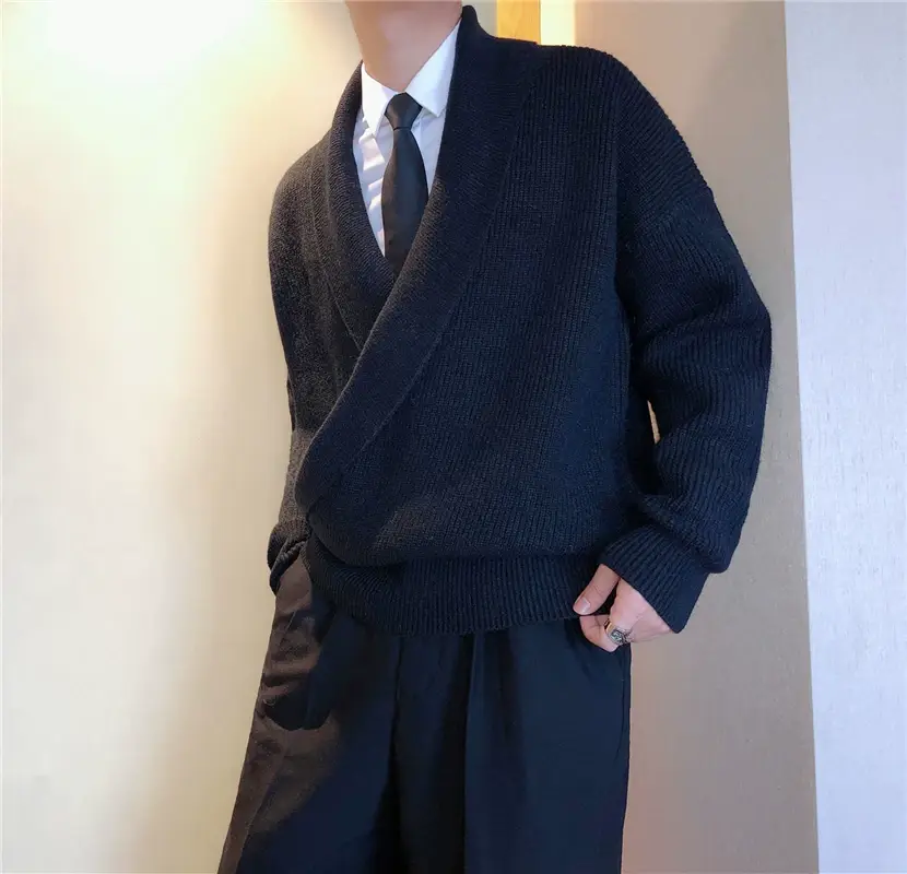 Men V-Neck Knitted Sweater Jacket Large Beige — feature 31