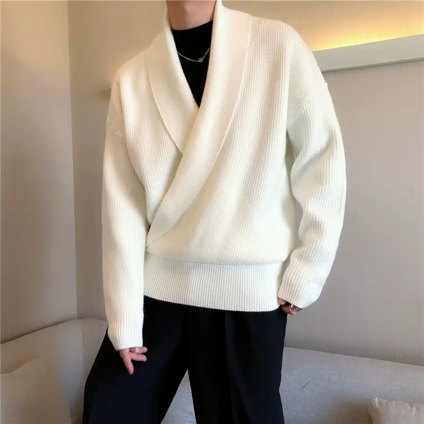 Men V-Neck Knitted Sweater Jacket Large Beige — feature 5