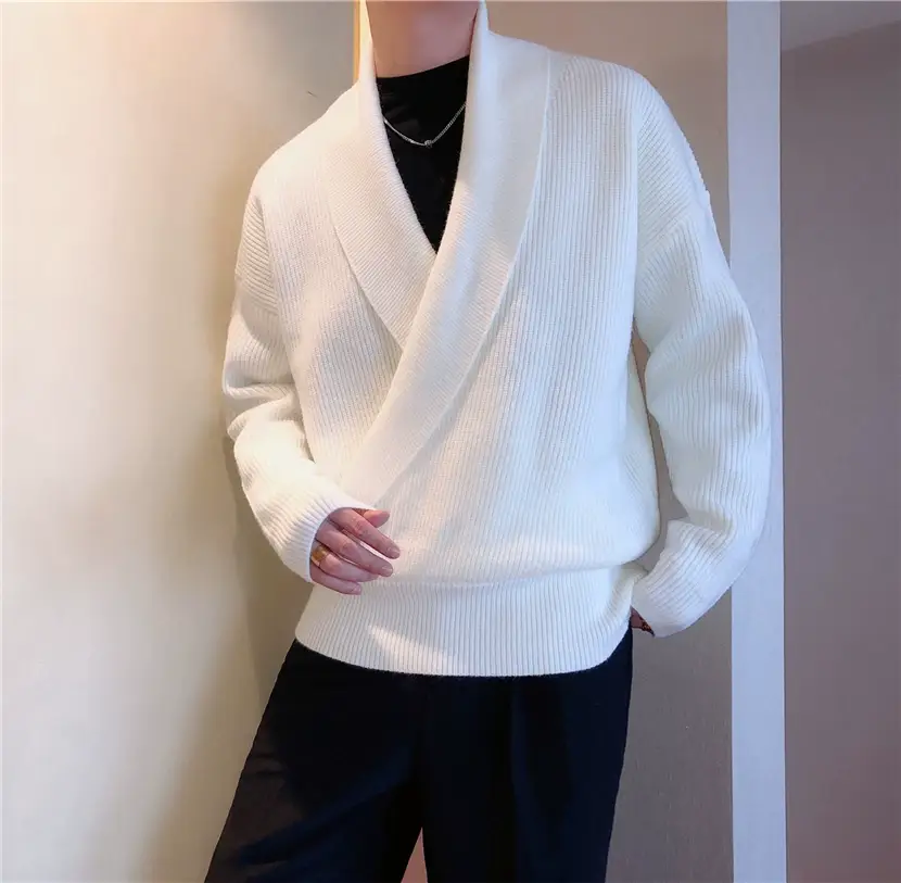 Men V-Neck Knitted Sweater Jacket Large Beige — feature 9