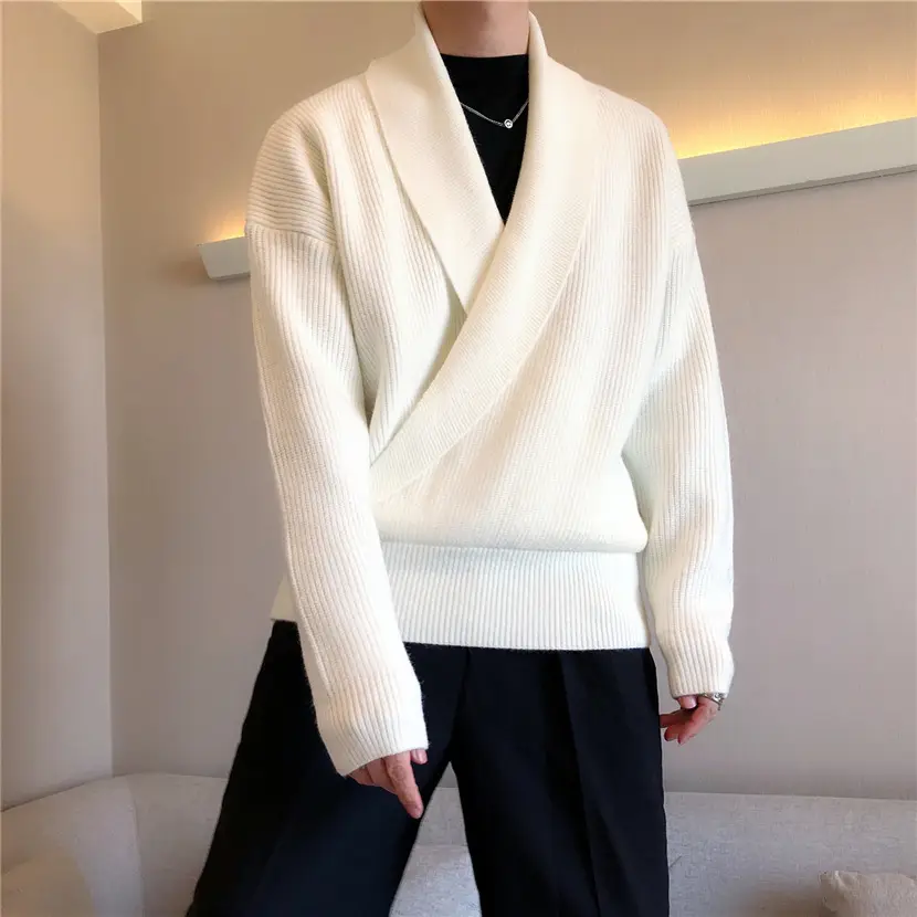 Men V-Neck Knitted Sweater Jacket Large Beige - Image 2