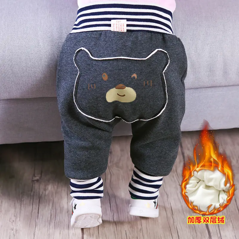Cute Bear Face Fleece Baby Pants High Waist Striped - Image 2
