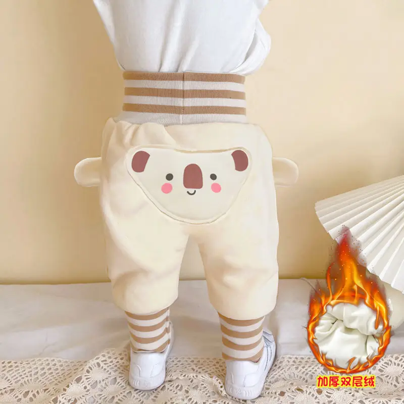 Cute Bear Face Fleece Baby Pants High Waist Striped - Image 3