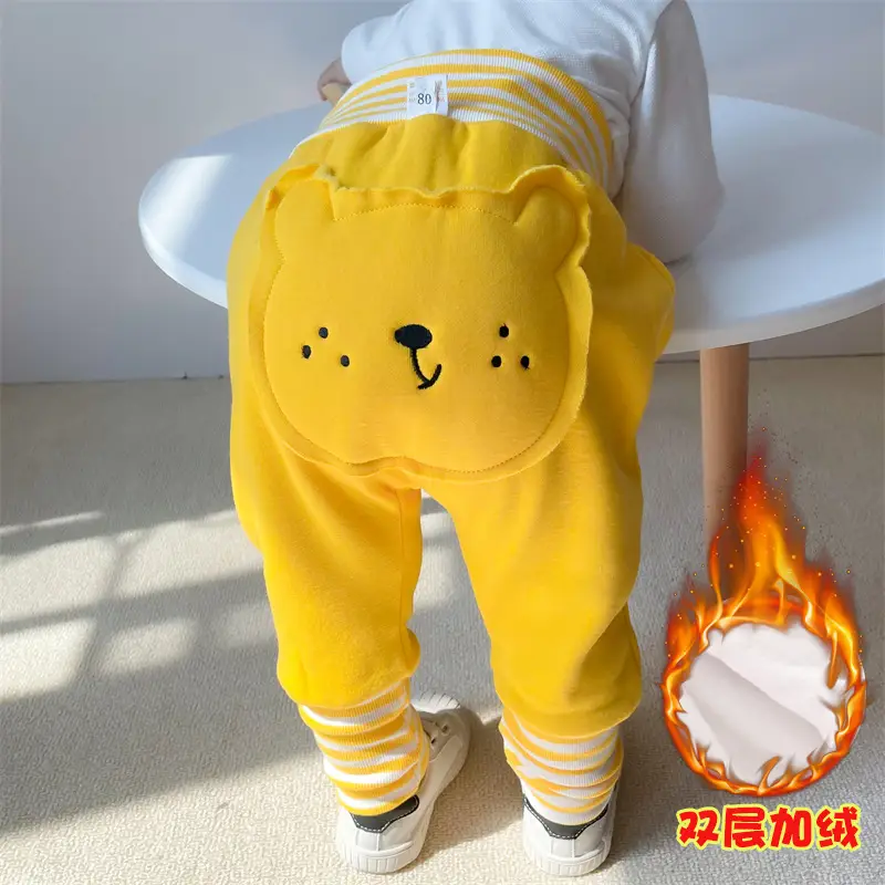 Cute Bear Face Fleece Baby Pants High Waist Striped - Image 6
