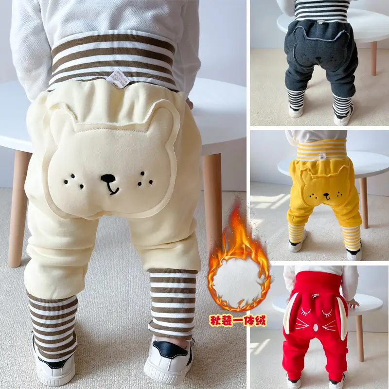 Cute Bear Face Fleece Baby Pants High Waist Striped — feature 1