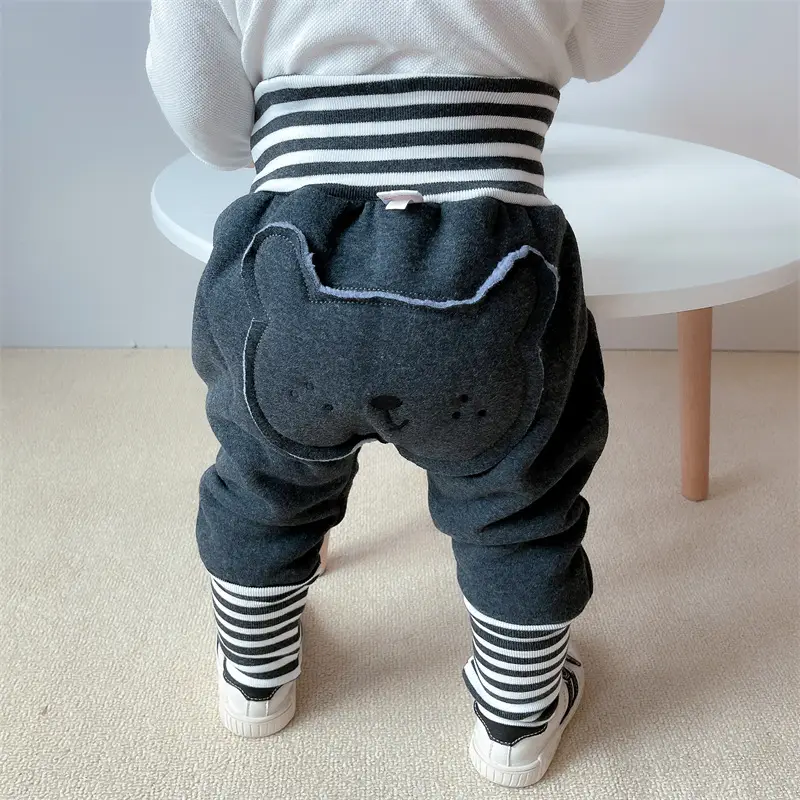 Cute Bear Face Fleece Baby Pants High Waist Striped - Image 10