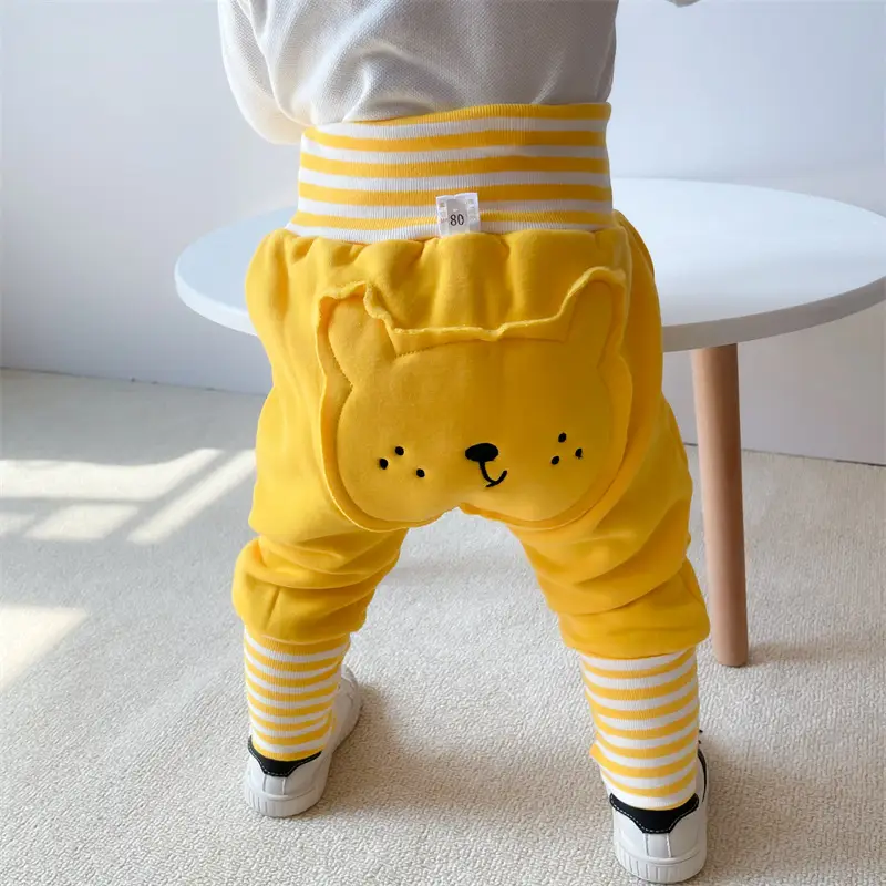Cute Bear Face Fleece Baby Pants High Waist Striped - Image 11