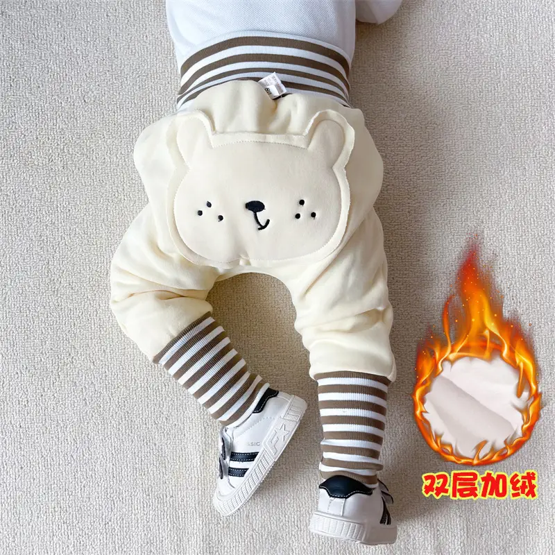 Cute Bear Face Fleece Baby Pants High Waist Striped - Image 4