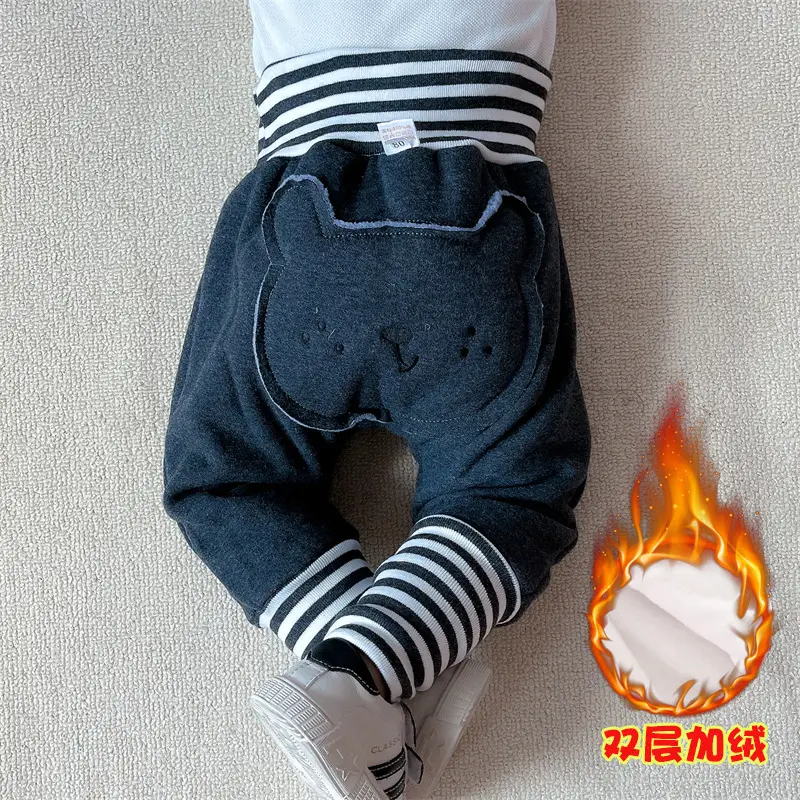 Cute Bear Face Fleece Baby Pants High Waist Striped - Image 5