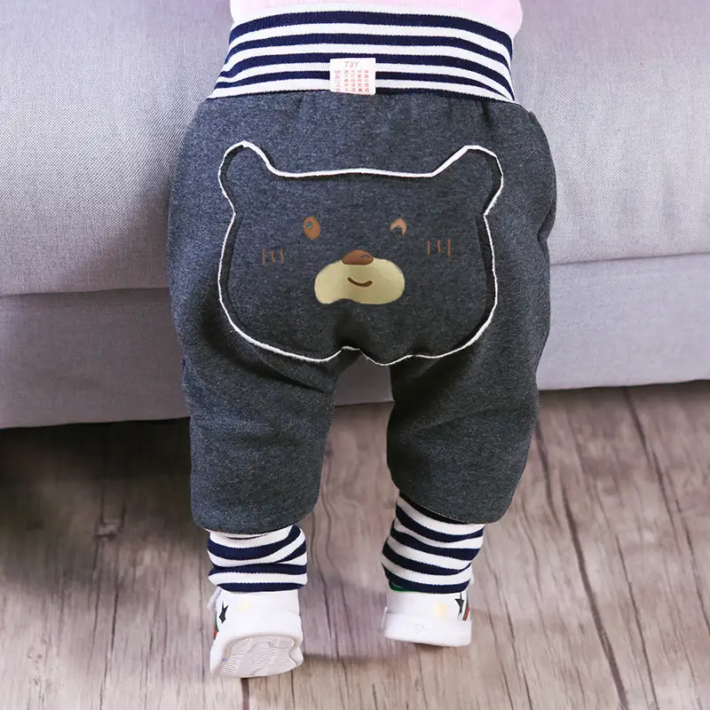 Cute Bear Face Fleece Baby Pants High Waist Striped - Image 8