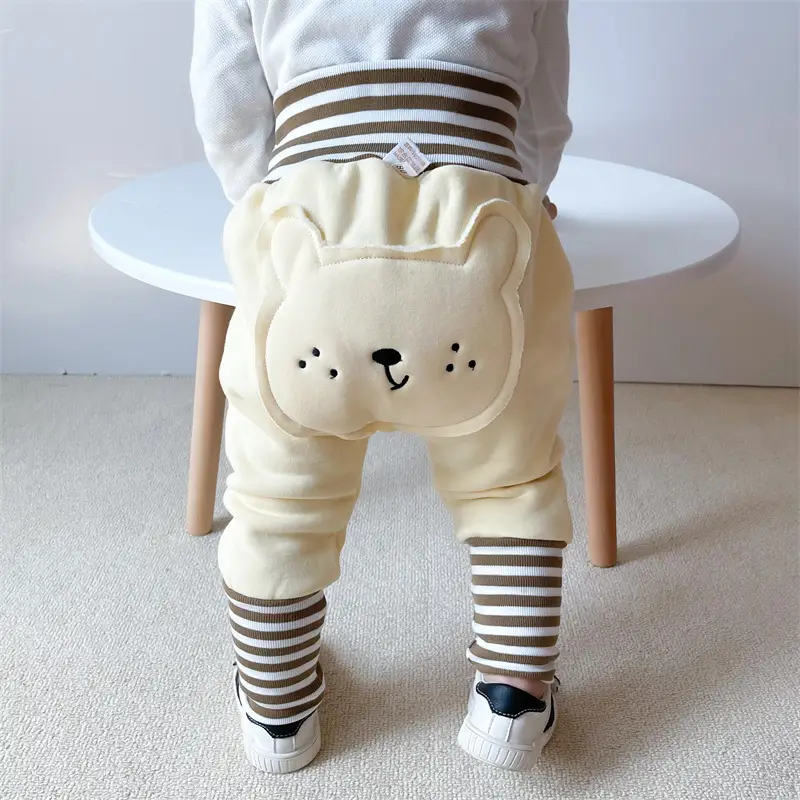 Cute Bear Face Fleece Baby Pants High Waist Striped - Image 9