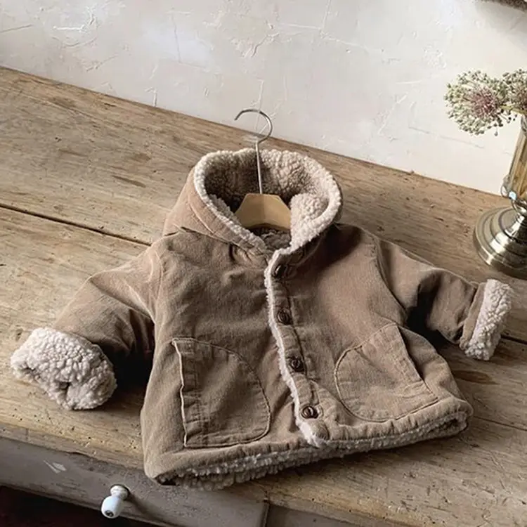 Baby Hooded Winter Jacket Beige Woolen Cardigan - Image 2