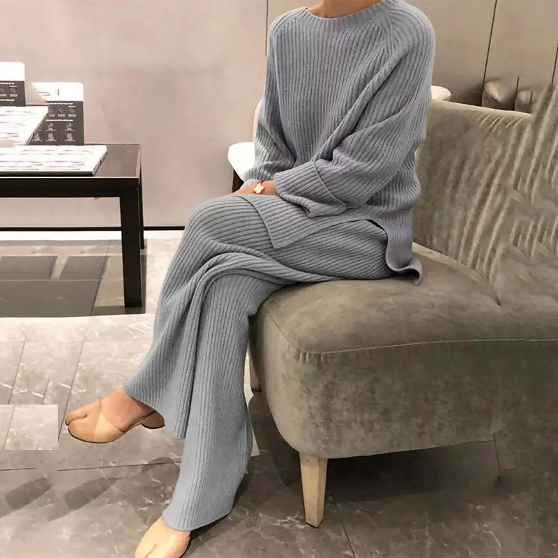 Long Sleeve Pure Color Knitted 2-Piece Suit for Women - Image 2