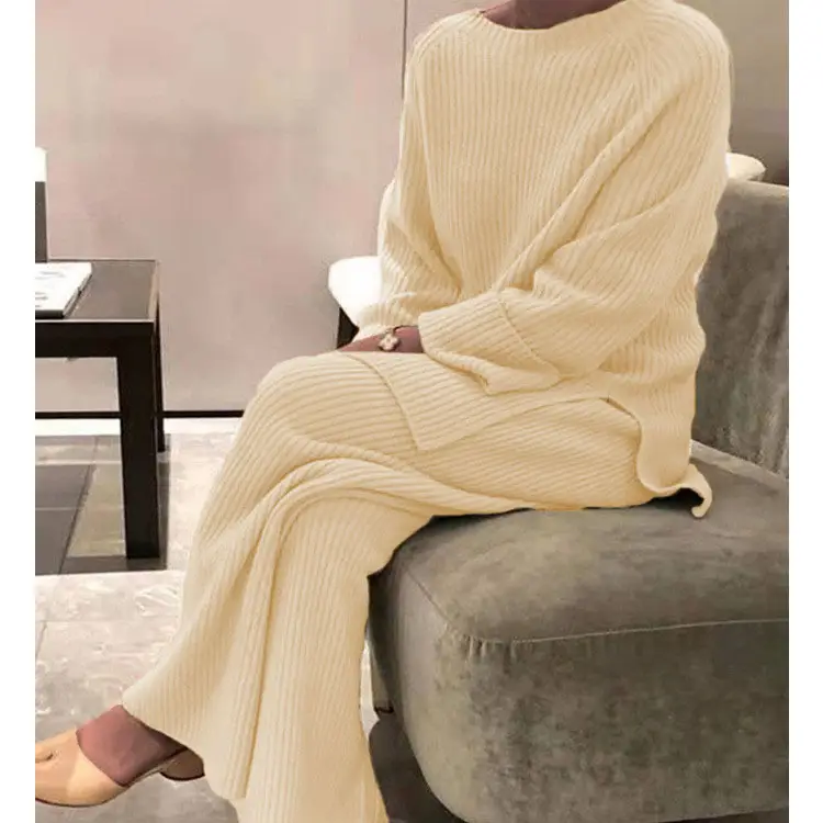 Long Sleeve Pure Color Knitted 2-Piece Suit for Women - Image 5