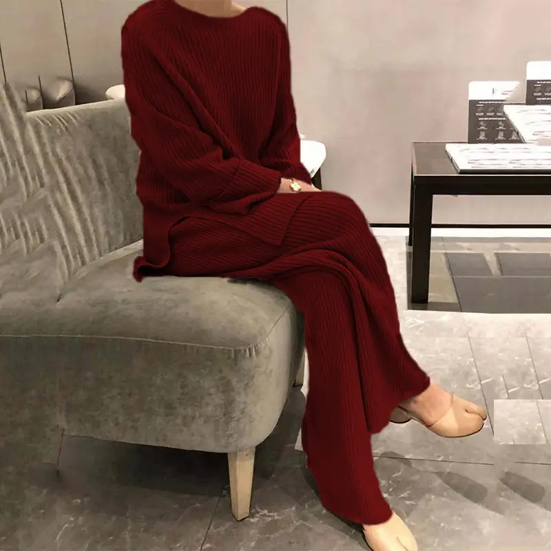 Long Sleeve Pure Color Knitted 2-Piece Suit for Women - Image 7