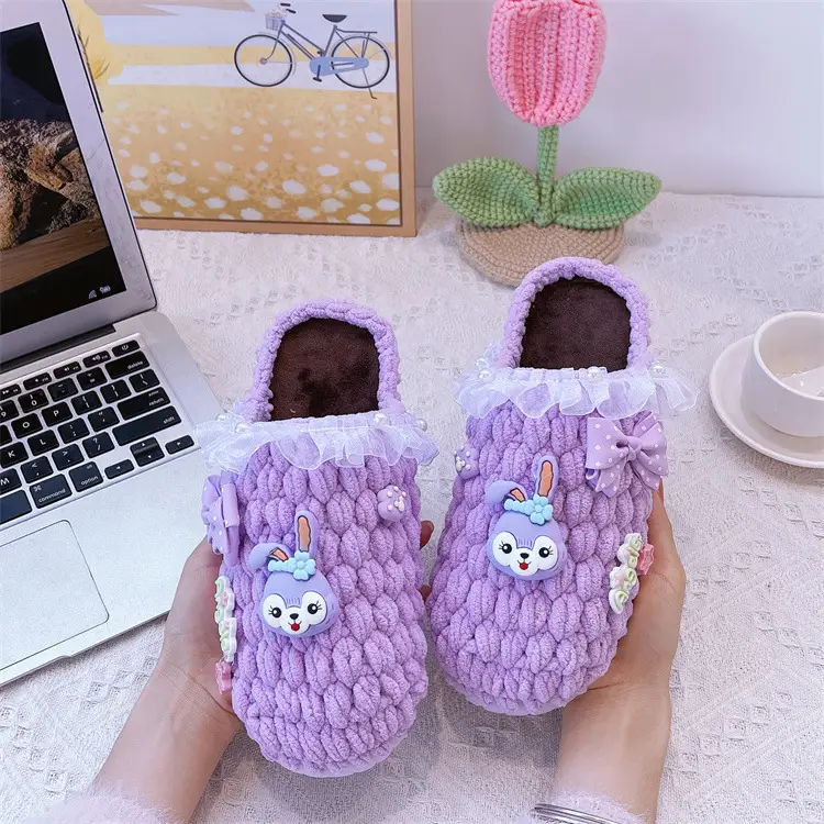Women's Yellow Wool Crochet Slipper with Rabbit Design - Image 2