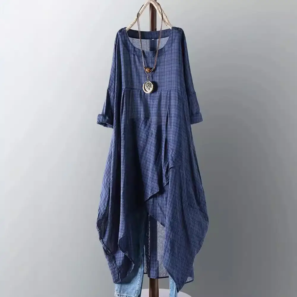 New Cross Border Irregular Hem Plaid Pullover Dress - Image 6