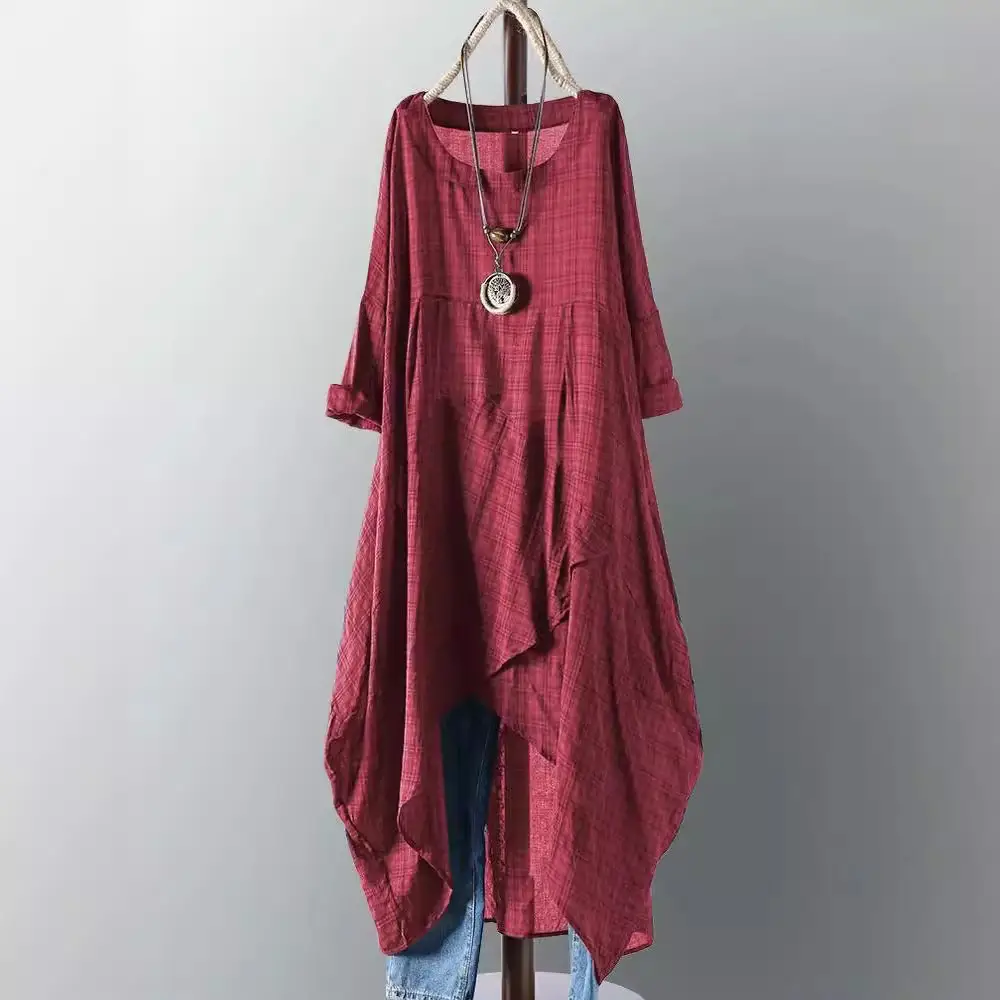 New Cross Border Irregular Hem Plaid Pullover Dress - Image 7