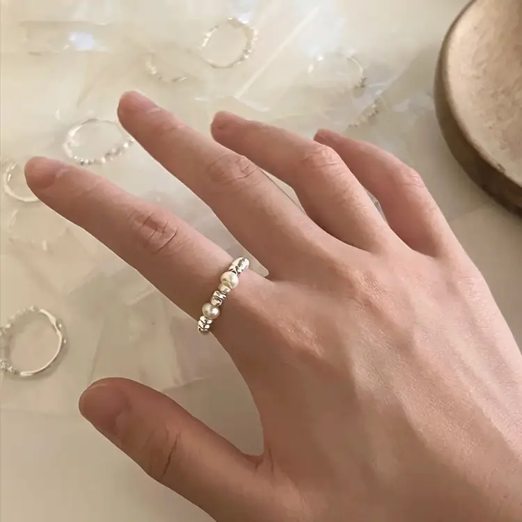 Irregular Metal Broken Silver Pearl Ring Women's Niche Personality Simple All-match Elegant Fashion Ring Ring