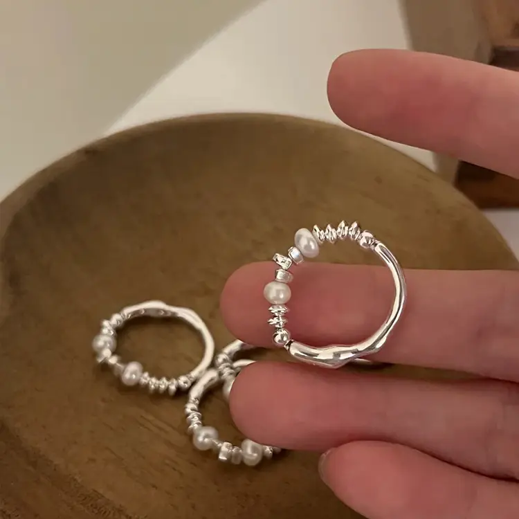 Irregular Metal Broken Silver Pearl Ring Women's Niche Personality Simple All-match Elegant Fashion Ring Ring