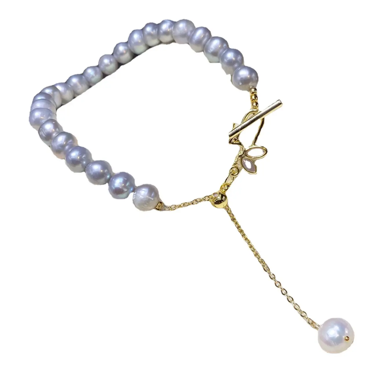 Natural Gray Pearl Bracelet 18K Gold Adjustable - Image 5