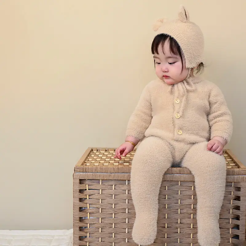 Baby Bear Hooded Mink Fur Foot Jumpsuit Brown - Image 2